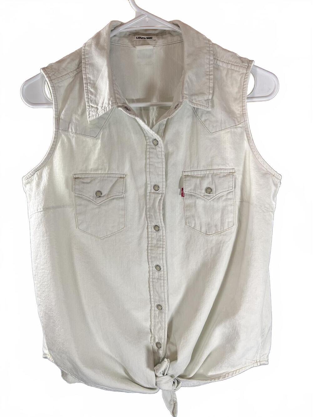 Levi's Sleeveless Western Snap Shirt Womens Medium Ivory Denim Tie Front Top
